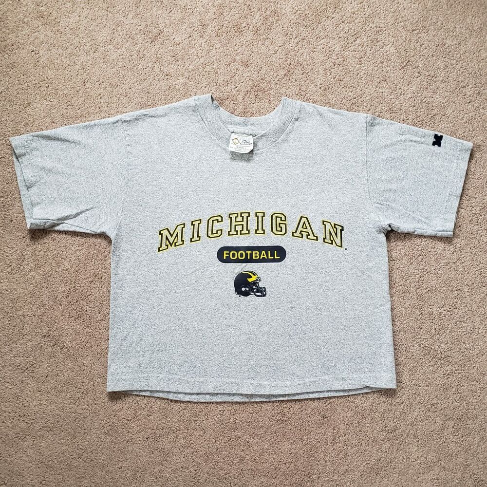 Vintage 90s Michigan University NCAA Football Cropped T-shirt Gray Embroidered S